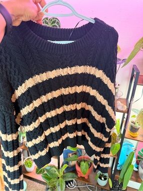 Black and Cream Striped Cable Knit Women's Sweater